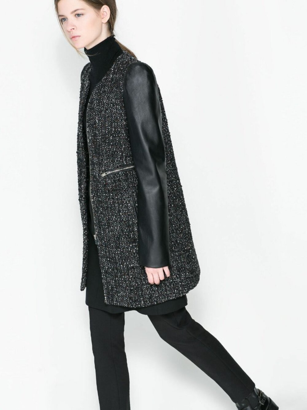 Zara Woman Bouclé Black Leather Sleeved 3/4 length Coat Jacket-Medium